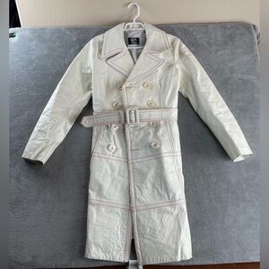 Diesel Womens White Leather Long Trench Coat Made In Italy Red Stitching